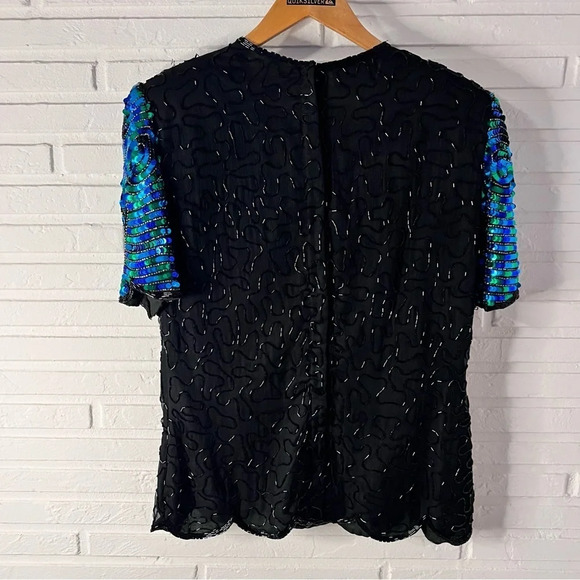 Royal Feelings Vintage Silk Black Sequins Beaded Short Sleeve Cocktail Blouse - Picture 5 of 7
